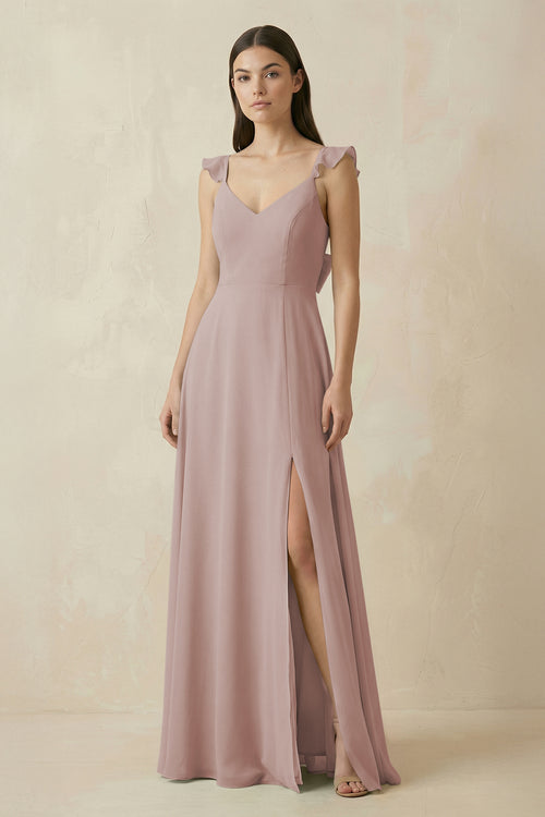 Toffee Ruffled Sleeve A-Line Chiffon Bridesmaid Dress | KISSBRIDAL