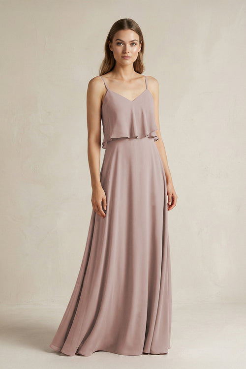 Toffee Ruffled Spaghetti Strap A-Line Chiffon Bridesmaid Dress in Toffee | KISSBRIDAL