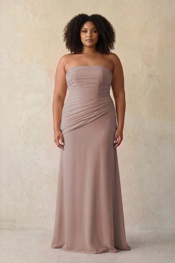 Toffee Sheath Chiffon Strapless Pleated Bridesmaid Dress (3) [sizeplus] | KISSBRIDAL