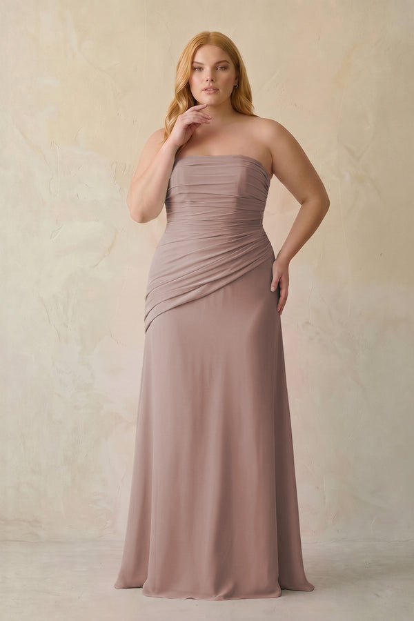 Toffee Sheath Chiffon Strapless Pleated Bridesmaid Dress [sizeplus] | KISSBRIDAL
