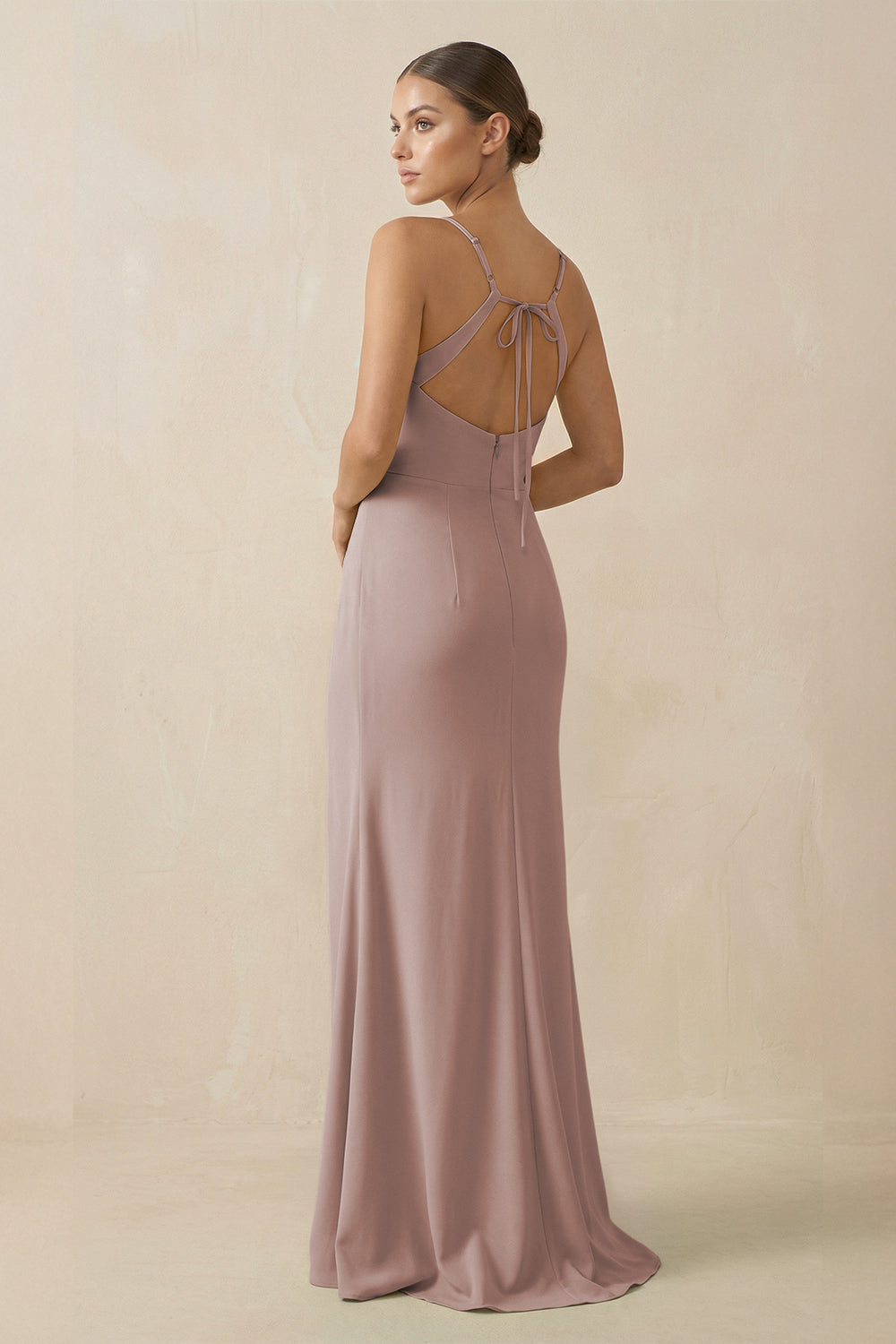 Sheath Spaghetti Straps Chiffon Long Bridesmaid Dress in Toffee