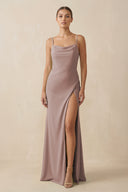 Toffee Sheath Spaghetti Straps Chiffon Long Bridesmaid Dress | KISSBRIDAL