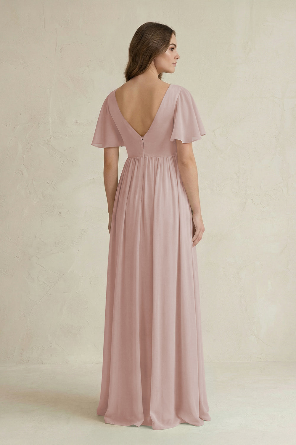 Short Sleeve V-Neck A-Line Chiffon Bridesmaid Dress in Toffee