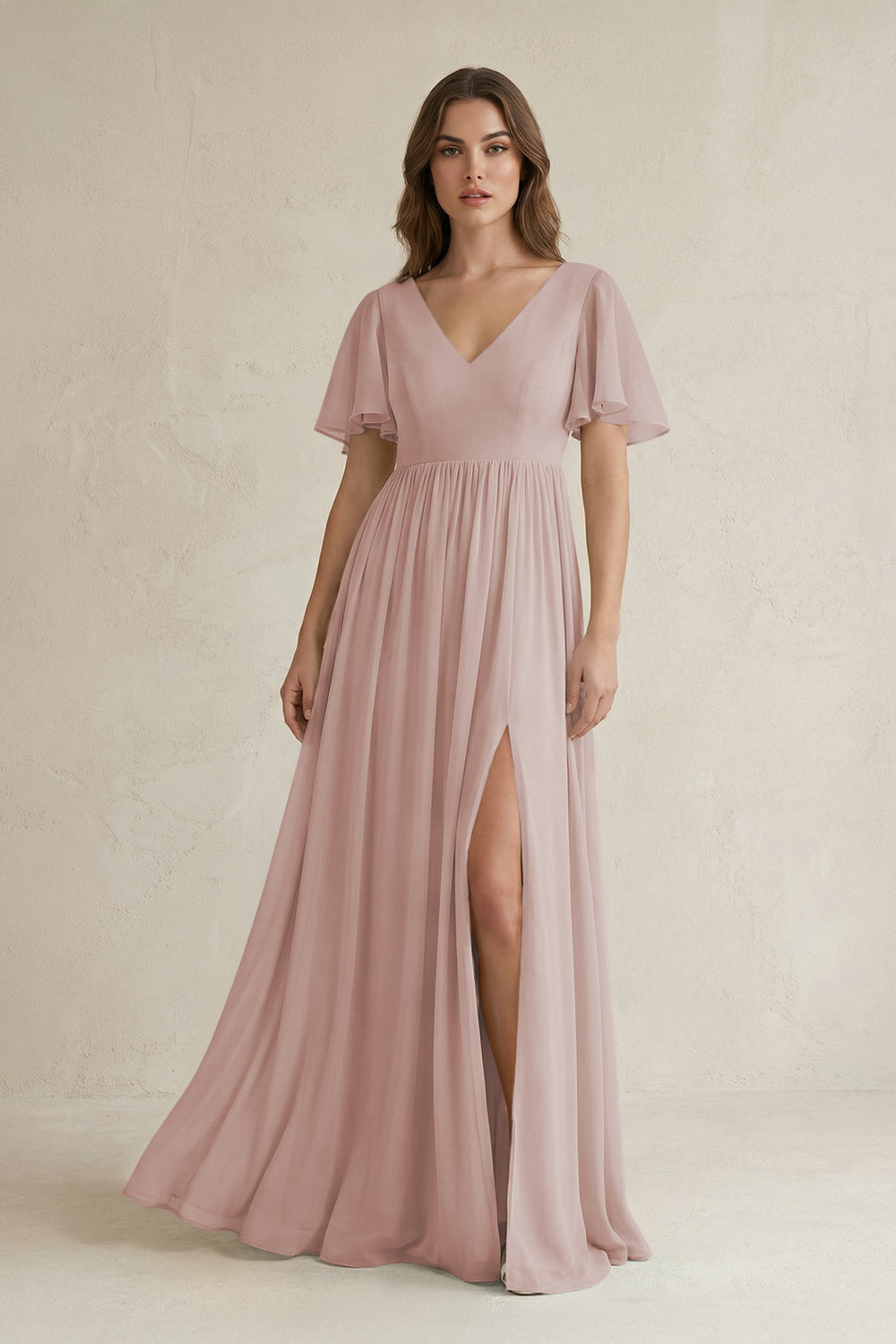 Short Sleeve V-Neck A-Line Chiffon Bridesmaid Dress in Toffee