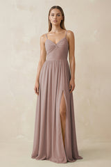 Toffee Spaghetti Strap Pleated A-Line Chiffon Bridesmaid Dress | KISSBRIDAL