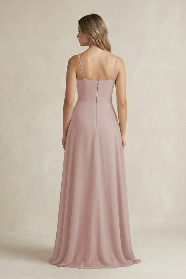 Toffee Spaghetti Strap Ruffled A-Line Chiffon Bridesmaid Dress (2) | KISSBRIDAL