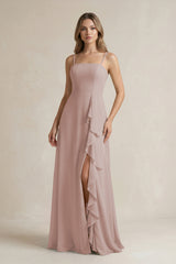 Toffee Spaghetti Strap Ruffled A-Line Chiffon Bridesmaid Dress | KISSBRIDAL
