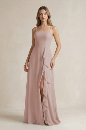 Toffee Spaghetti Strap Ruffled A-Line Chiffon Bridesmaid Dress | KISSBRIDAL