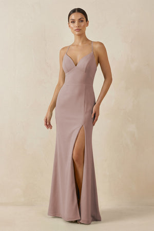 Toffee Spaghetti Strap Sheath Chiffon Bridesmaid Dress With Slit | KISSBRIDAL