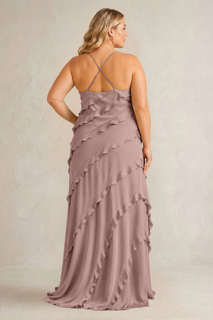 Toffee Spaghetti Straps Sheath Stain Ruffled Bridesmaid Dress (2) | KISSBRIDAL[sizeplus]