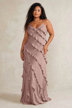 Toffee Spaghetti Straps Sheath Stain Ruffled Bridesmaid Dress (3) | KISSBRIDAL[sizeplus]