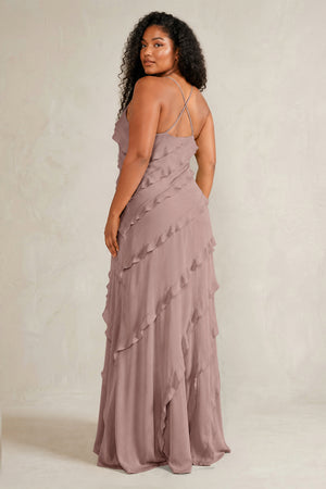 Toffee Spaghetti Straps Sheath Stain Ruffled Bridesmaid Dress (4) | KISSBRIDAL[sizeplus]