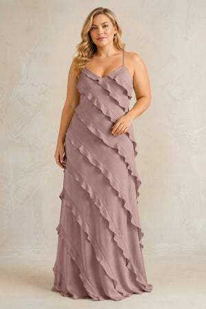 Toffee Spaghetti Straps Sheath Stain Ruffled Bridesmaid Dress | KISSBRIDAL[sizeplus]