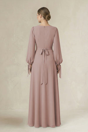 Toffee Square Neck Long Sleeve A-Line Chiffon Bridesmaid Dress in Toffee (2) | KISSBRIDAL