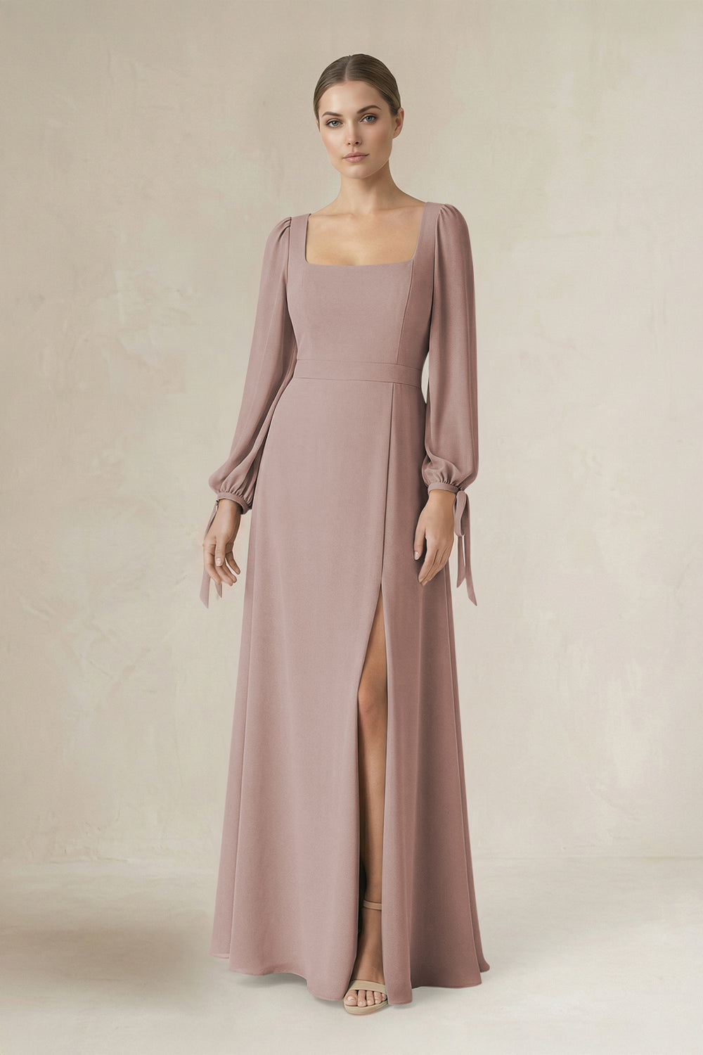 Square Neck Long Sleeve A-Line Chiffon Bridesmaid Dress in Toffee
