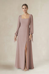 Toffee Square Neck Long Sleeve A-Line Chiffon Bridesmaid Dress in Toffee | KISSBRIDAL