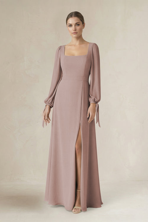 Toffee Square Neck Long Sleeve A-Line Chiffon Bridesmaid Dress in Toffee | KISSBRIDAL