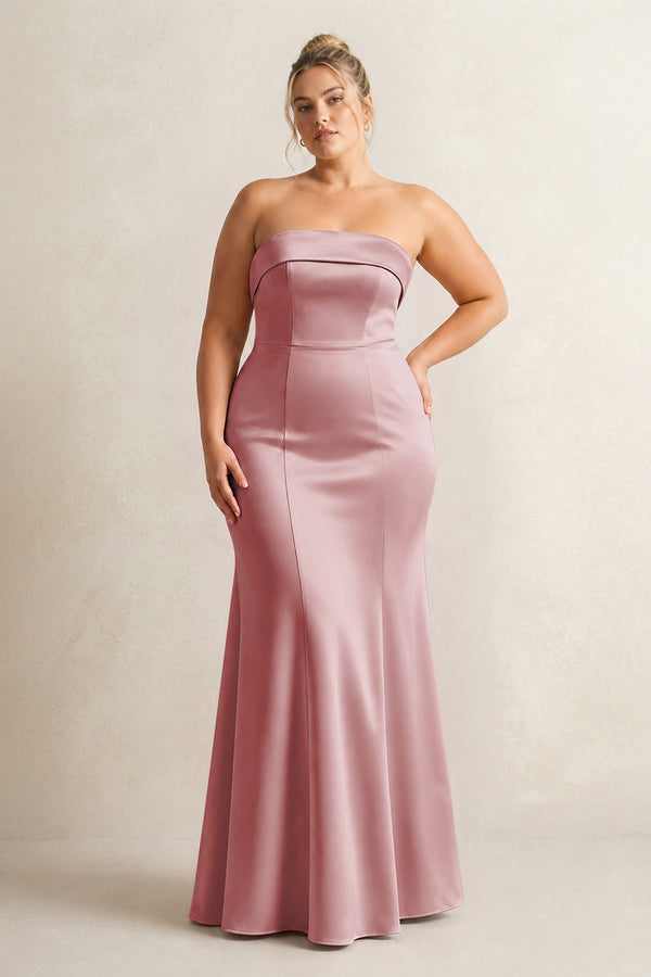 Toffee Strapless Satin Mermaid Bridesmaid Dress [sizeplus] | KISSBRIDAL