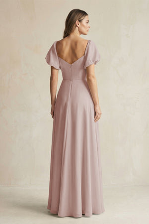 Toffee Sweetheart Puff Sleeve A-Line Chiffon Bridesmaid Dress (2) | KISSBRIDAL