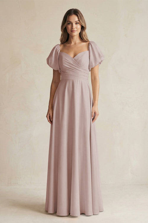 Toffee Sweetheart Puff Sleeve A-Line Chiffon Bridesmaid Dress | KISSBRIDAL