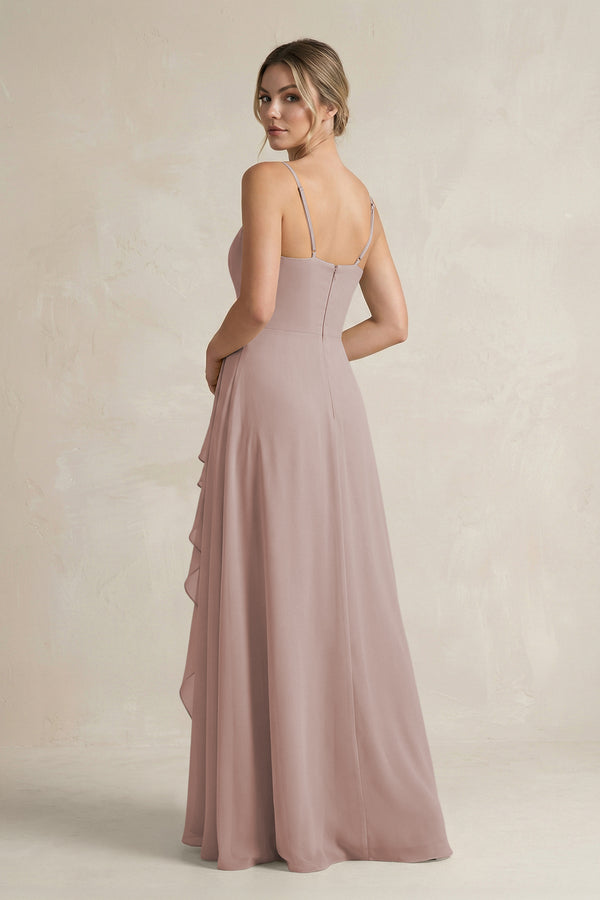 Toffee Sweetheart Ruffled A-Line Chiffon Bridesmaid Dress with Slit (2) | KISSBRIDAL