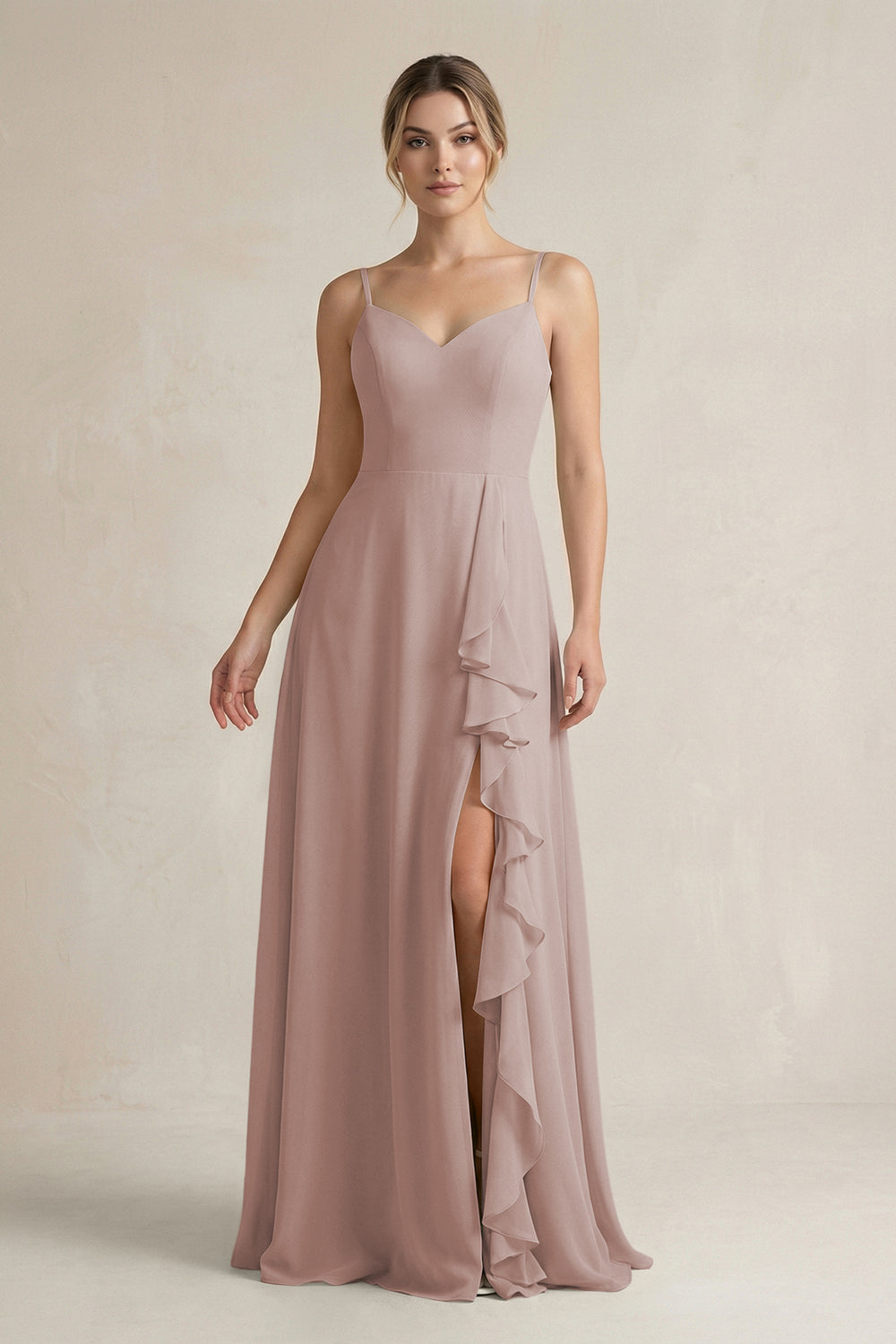 Sweetheart Ruffled A-Line Chiffon Bridesmaid Dress with Slit in Toffee