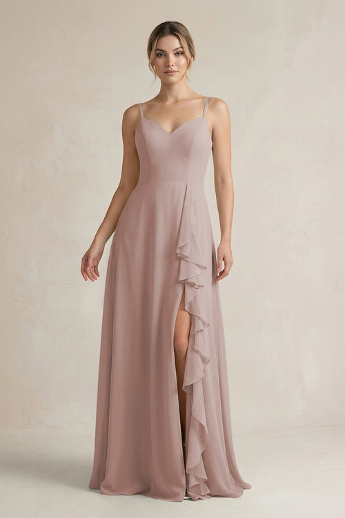 Toffee Sweetheart Ruffled A-Line Chiffon Bridesmaid Dress with Slit | KISSBRIDAL