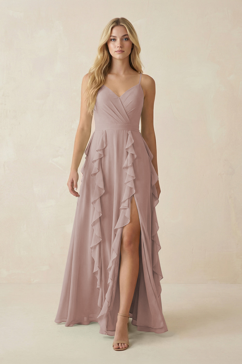 Tiered Ruffle A-Line Chiffon Bridesmaid Dress in Toffee