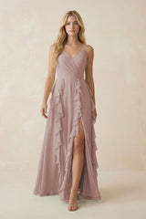 Toffee Tiered Ruffle A-Line Chiffon Bridesmaid Dress | KISSBRIDAL