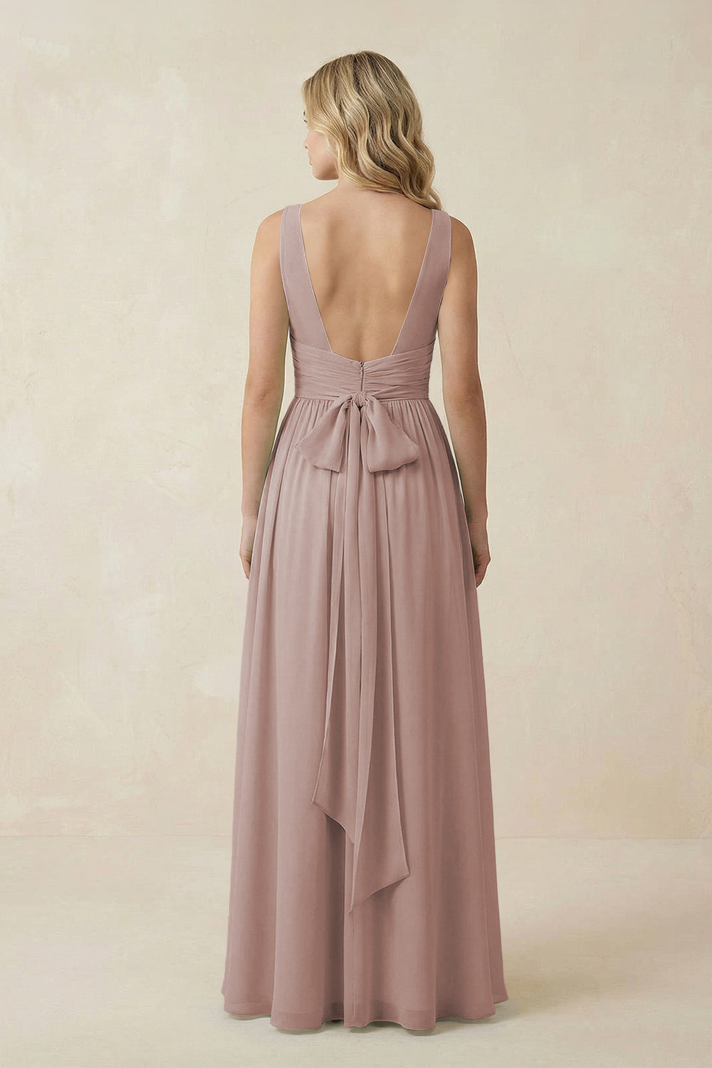 V-Neck A-Line Bridesmaid Dress with Back Bow in Toffee