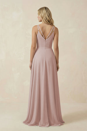 Toffee V-Neck A-Line Chiffon Bridesmaid Dress with Crisscross Back (2) | KISSBRIDAL
