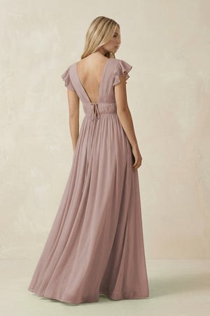 Toffee V-Neck A-Line Chiffon Cap Sleeves Bridesmaid Dress (2) | KISSBRIDAL