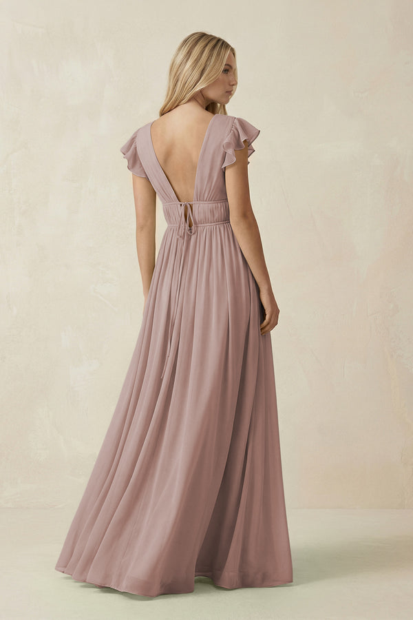 Toffee V-Neck A-Line Chiffon Cap Sleeves Bridesmaid Dress (2) | KISSBRIDAL