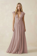 Toffee V-Neck A-Line Chiffon Cap Sleeves Bridesmaid Dress | KISSBRIDAL