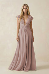 Toffee V-Neck A-Line Chiffon Cap Sleeves Bridesmaid Dress | KISSBRIDAL
