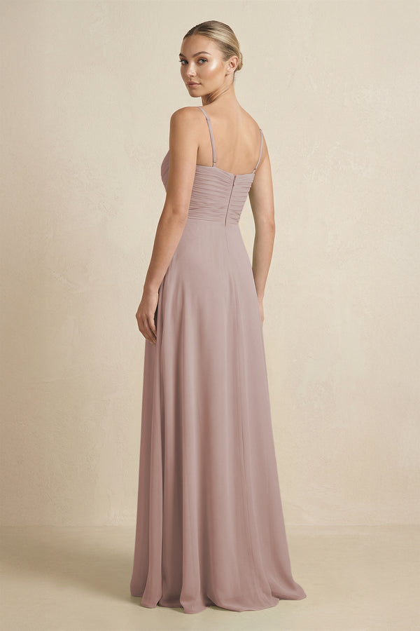 Toffee V-Neck A-Line Chiffon Pleated Bridesmaid Dress (2) | KISSBRIDAL