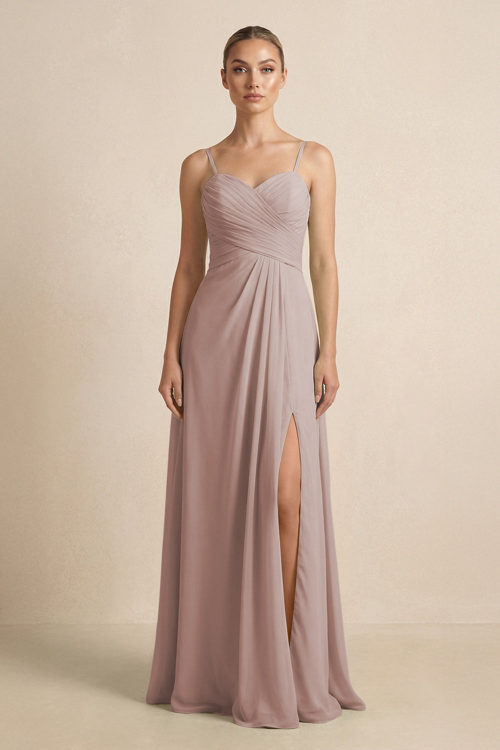V-Neck A-Line Chiffon Pleated Bridesmaid Dress in Toffee