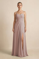 Toffee V-Neck A-Line Chiffon Pleated Bridesmaid Dress | KISSBRIDAL