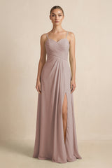Toffee V-Neck A-Line Chiffon Pleated Bridesmaid Dress | KISSBRIDAL