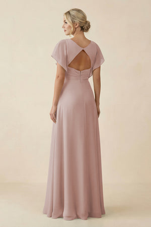 Toffee V-Neck Cap Sleeve Chiffon Bridesmaid Dress with Cut-out Back (2) | KISSBRIDAL