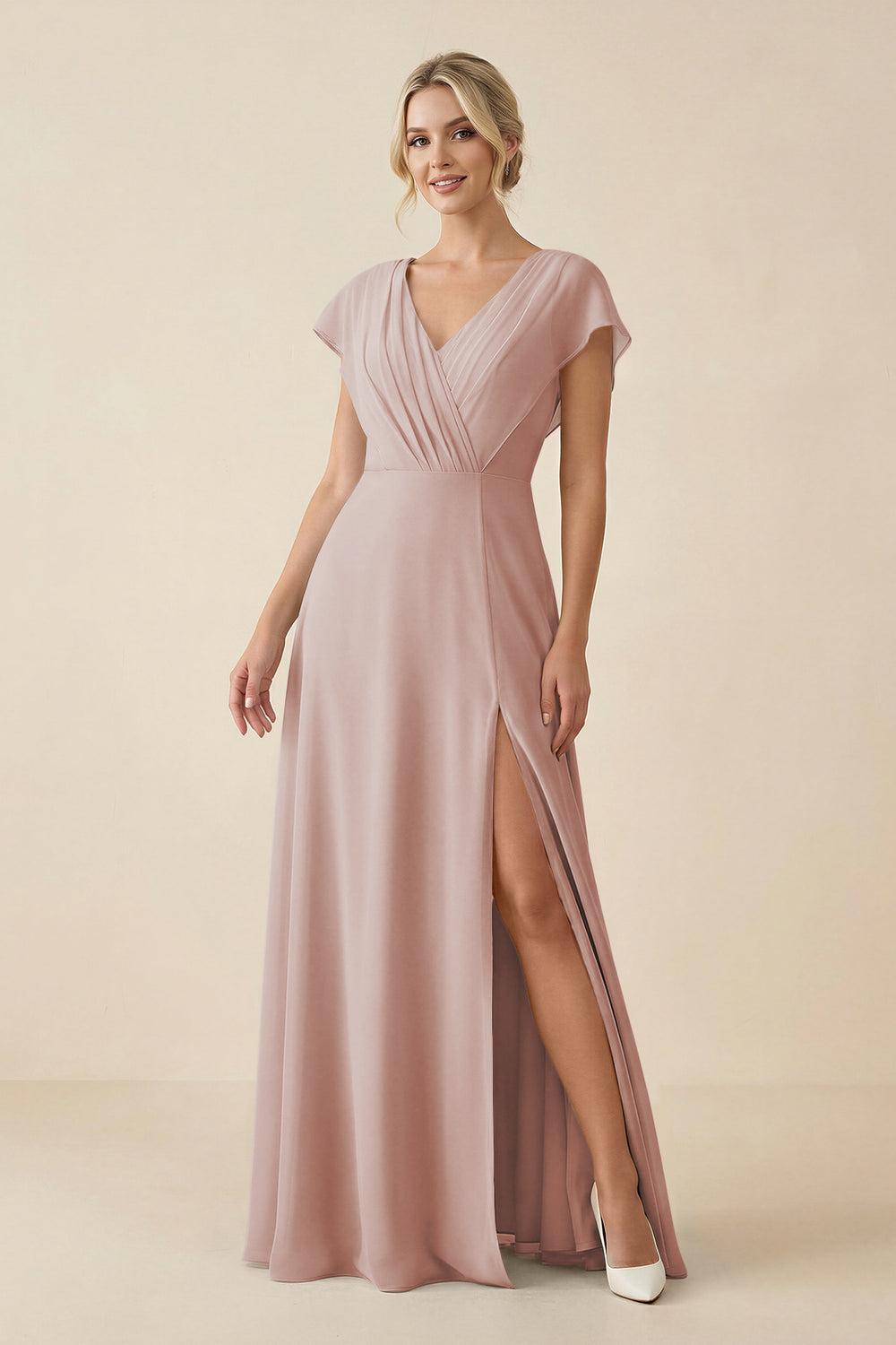 V-Neck Cap Sleeve Chiffon Bridesmaid Dress with Cut-out Back in Toffee