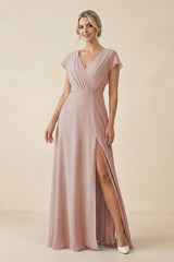 Toffee V-Neck Cap Sleeve Chiffon Bridesmaid Dress with Cut-out Back | KISSBRIDAL