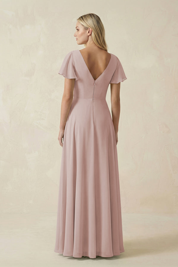 Toffee V-Neck Flutter Sleeve A-Line Chiffon Bridesmaid Dress (2) | KISSBRIDAL