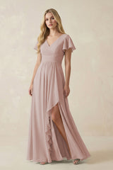 Toffee V-Neck Flutter Sleeve A-Line Chiffon Bridesmaid Dress | KISSBRIDAL