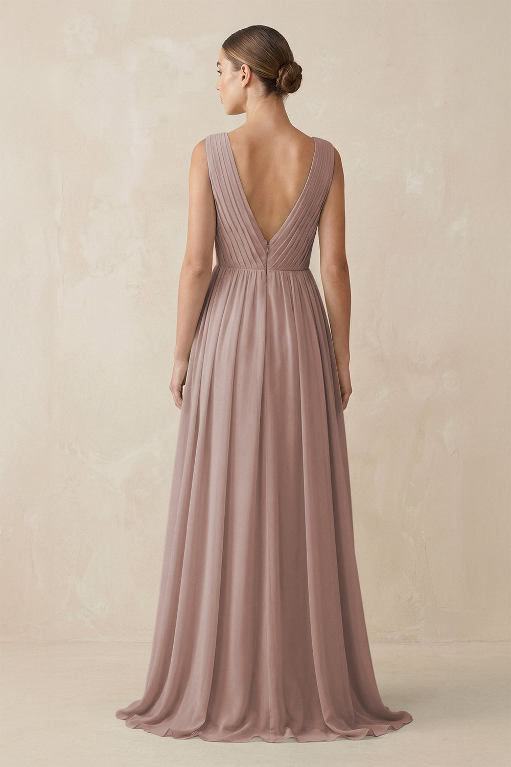 V-Neck Pleated A-Line Chiffon Bridesmaid Dress in Toffee