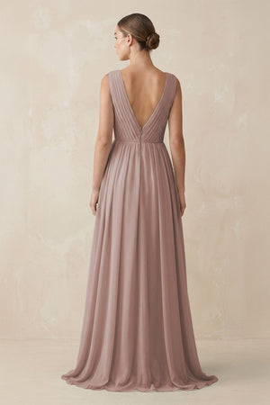 Toffee V-Neck Pleated A-Line Chiffon Bridesmaid Dress (2) | KISSBRIDAL