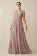 Toffee V-Neck Pleated A-Line Chiffon Bridesmaid Dress | KISSBRIDAL