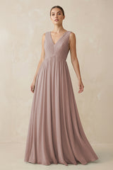 Toffee V-Neck Pleated A-Line Chiffon Bridesmaid Dress | KISSBRIDAL
