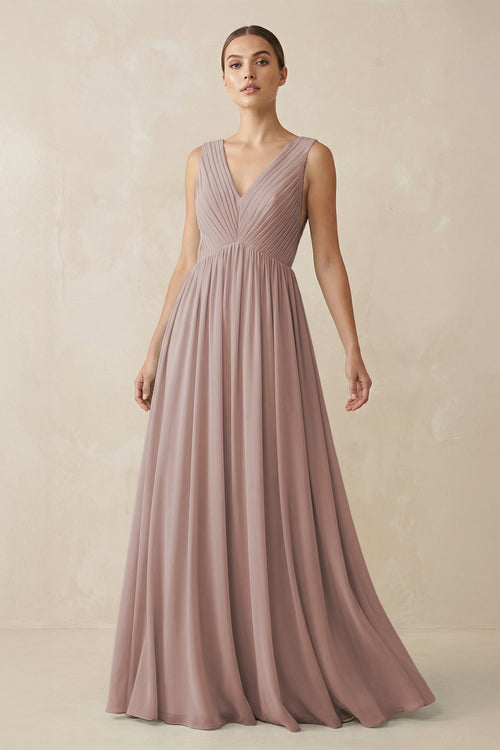 Toffee V-Neck Pleated A-Line Chiffon Bridesmaid Dress | KISSBRIDAL