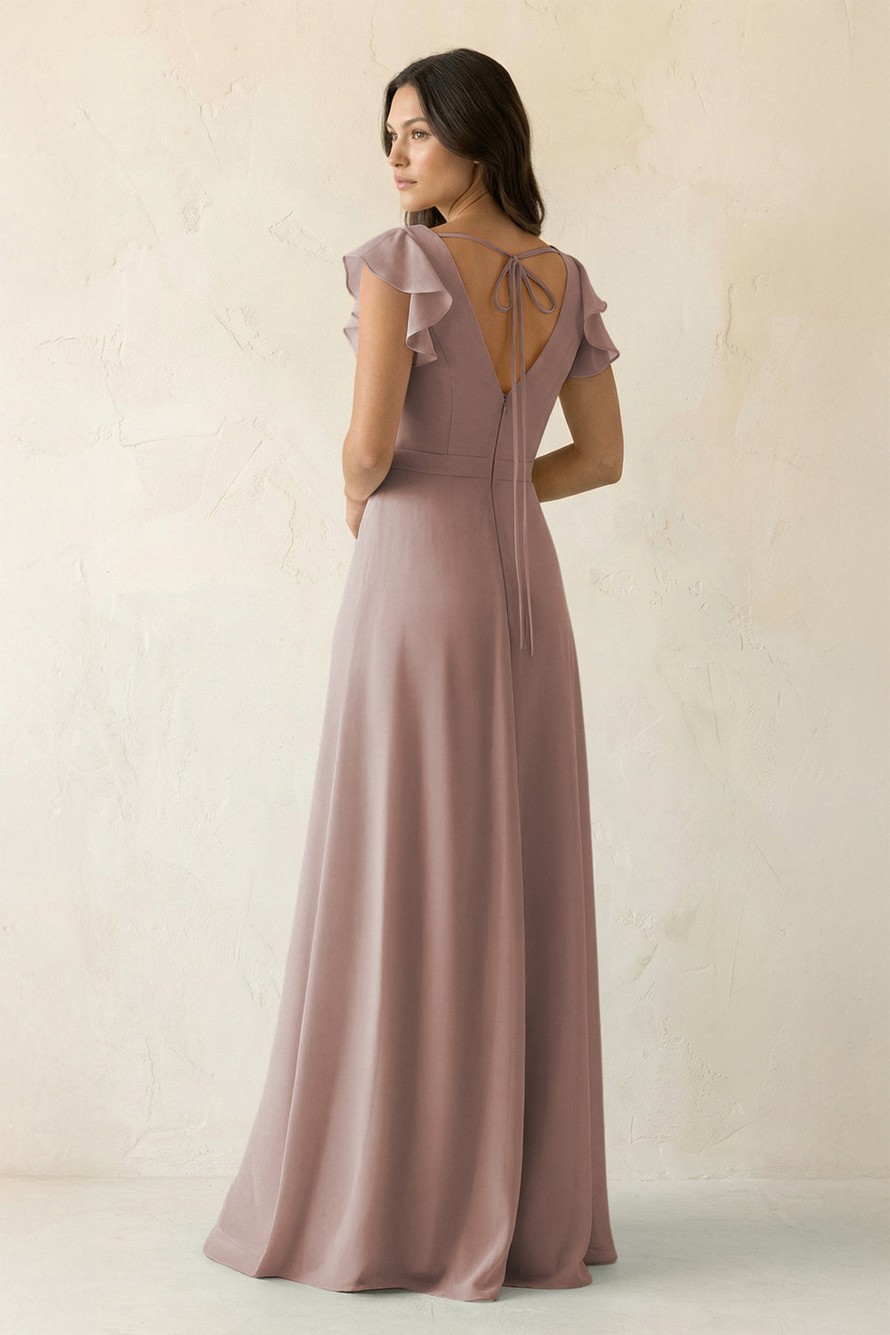 V-Neck Ruffled A-Line Chiffon Bridesmaid Dress in Toffee